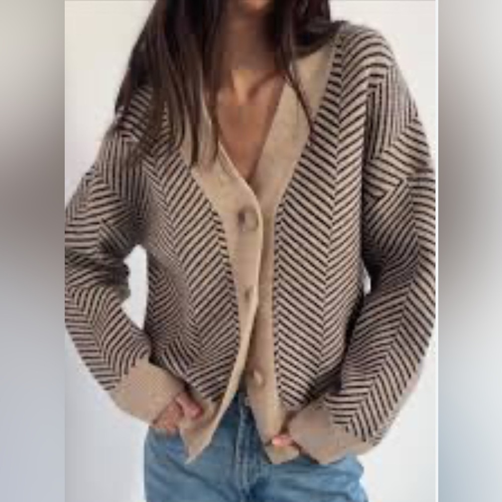OAK + FORT Herringbone Brown Cardigan Sweater Sz small - Picture 1 of 13